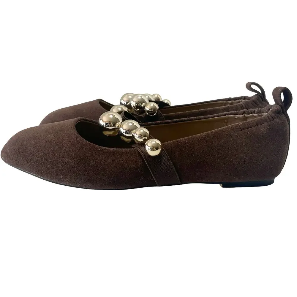 Lemonade The Colleen Ballet Flat Chocolate Brown Gold Metallic Pearl Strap Sz 8